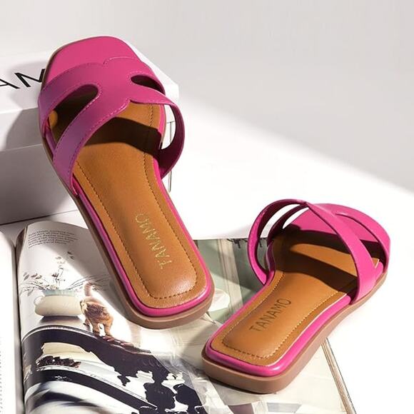 Tanamo Women's Sandals Girls Slides Narrow Dressy Flat Square Open Toe Pink SZ 7 - Picture 2 of 6